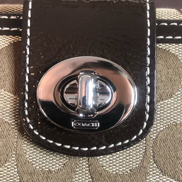 COACH Brown Monogram Silver Twist Lock Bifold Wallet with Contrasting Stitch - Picture 14 of 17